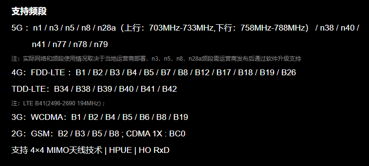 小米某型號(hào)支持的頻段